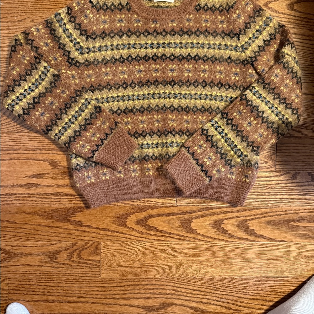 Doen Fran Mohair/Merino Fair Isle Wool Sweater - Brown, Cream, Green size Small - Picture 3 of 12